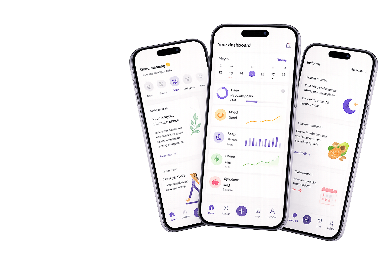 Women's wellness tracking app screens
